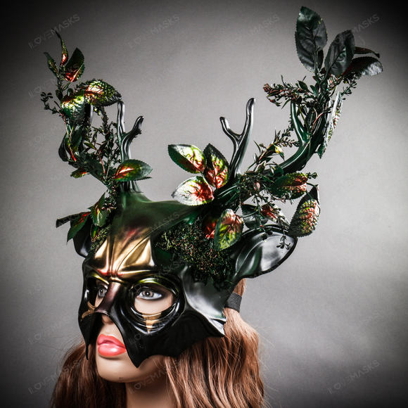 Antler Deer Horn Devil Woodland Forest Halloween Masquerade Mask - Green Gold - Picture 9 of 10